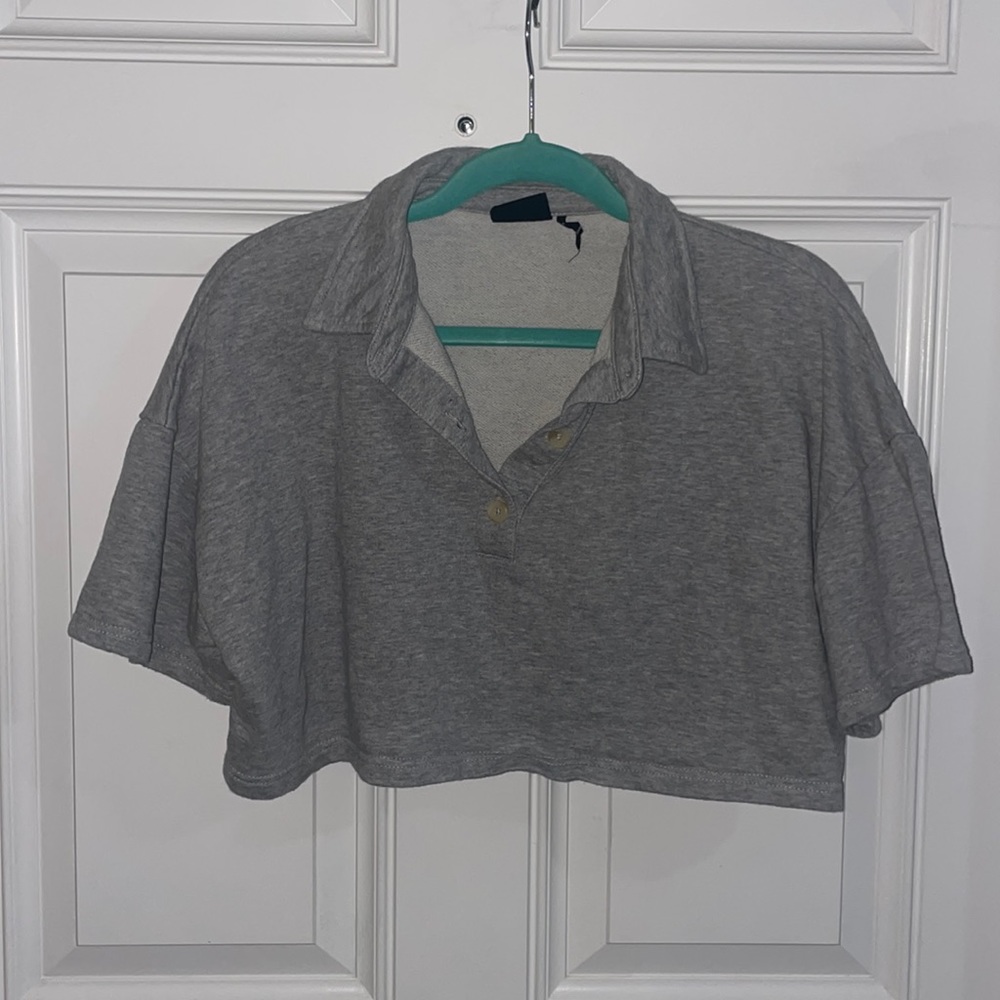 Out From Under Crop Short Sleeve Sweat Collared Top SIZE MEDIUM